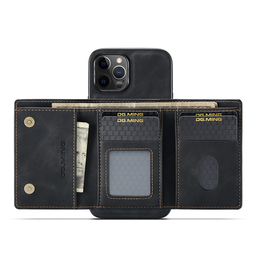 DG.MING M1 Series Telefoncover PU + TPU + PC Bagcover med Magnetisk Tredobbelt Pung Kickstand til iPhone 13 mini 5.4 tommer
