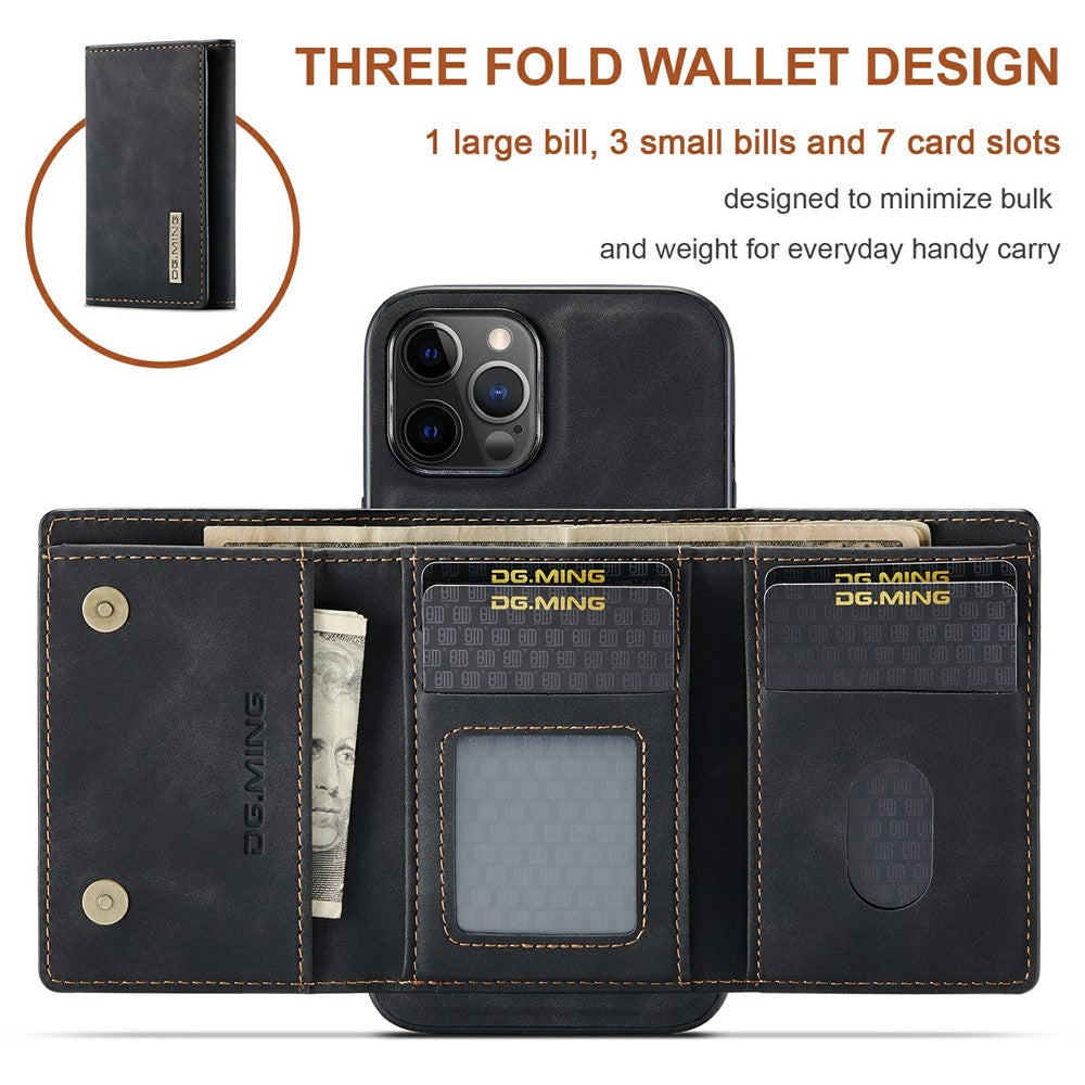 DG.MING M1 Series Telefoncover PU + TPU + PC Bagcover med Magnetisk Tredobbelt Pung Kickstand til iPhone 13 mini 5.4 tommer