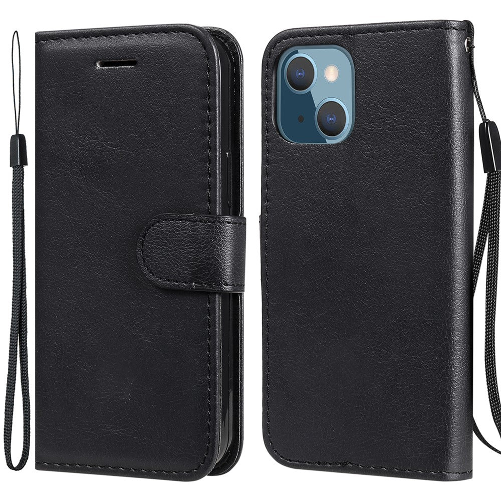 For iPhone 13 mini 5.4 inch Case Solid Color Leather Mobile Cover Wallet Stand with Strap