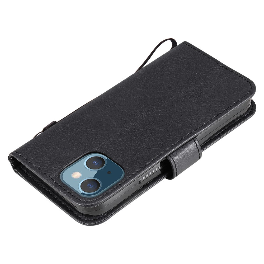 For iPhone 13 mini 5.4 inch Case Solid Color Leather Mobile Cover Wallet Stand with Strap