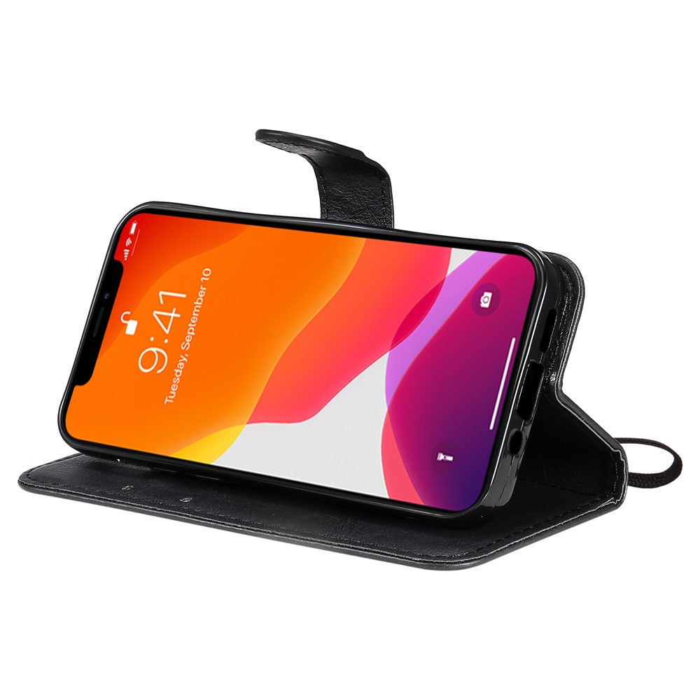 For iPhone 13 mini 5.4 inch Case Solid Color Leather Mobile Cover Wallet Stand with Strap