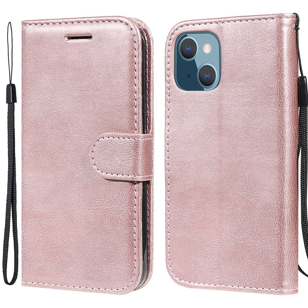 For iPhone 13 mini 5.4 inch Case Solid Color Leather Mobile Cover Wallet Stand with Strap
