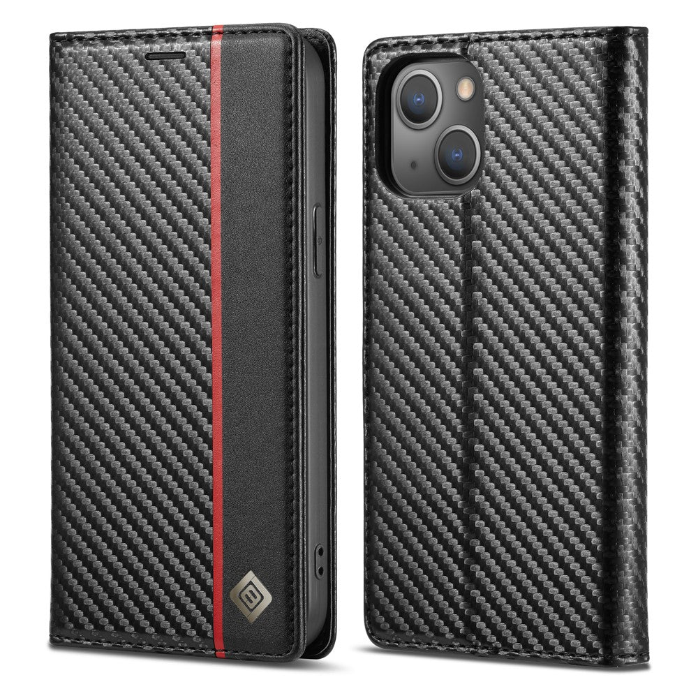 LC.IMEEKE Stand Wallet Design Carbon Fiber Texture Splicing Leather Case Shell for iPhone 13 6.1 inch