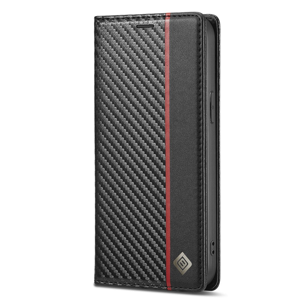 LC.IMEEKE Stand Wallet Design Carbon Fiber Texture Splicing Leather Case Shell for iPhone 13 6.1 inch