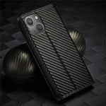 LC.IMEEKE Stand Wallet Design Carbon Fiber Texture Splicing Leather Case Shell for iPhone 13 6.1 inch