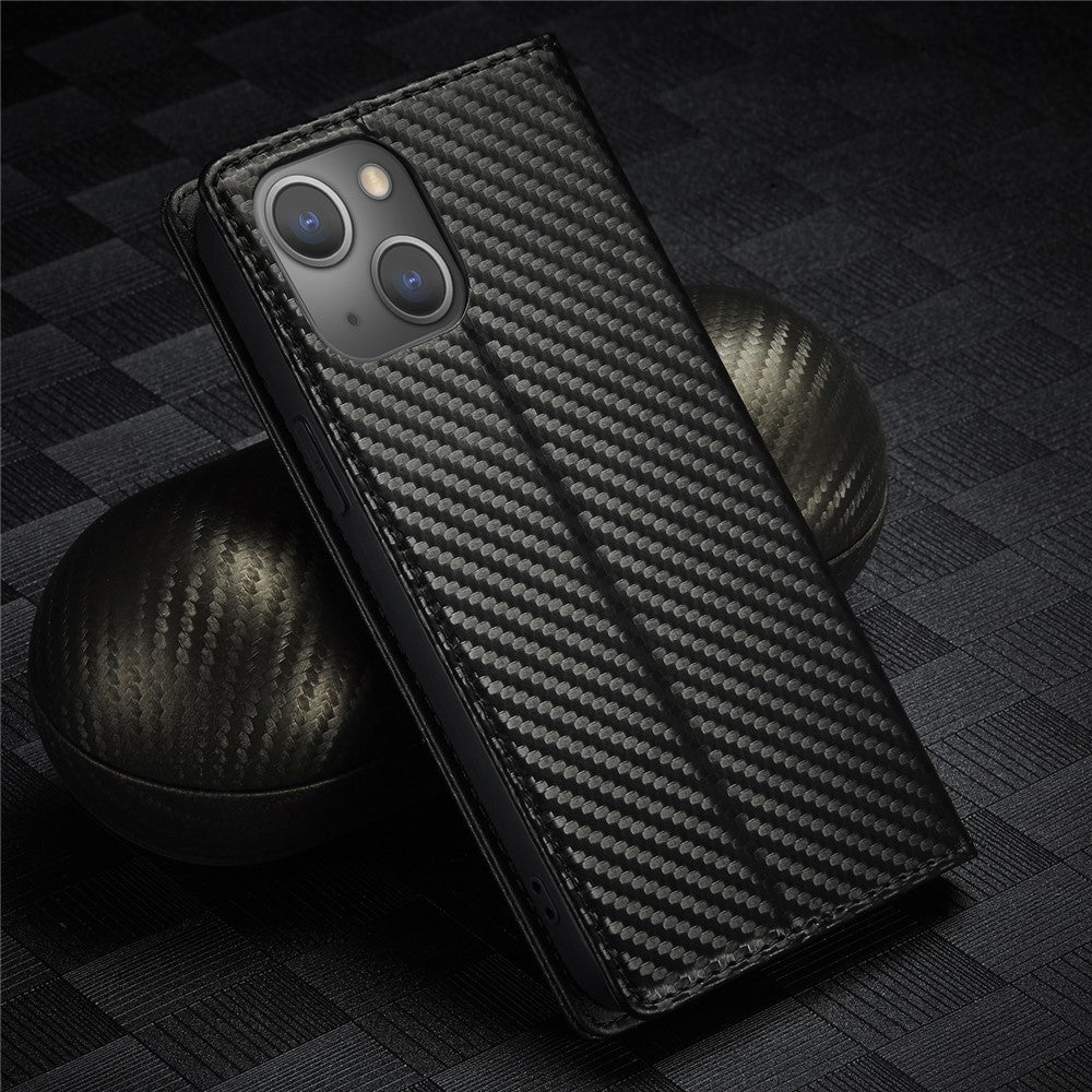 LC.IMEEKE Stand Wallet Design Carbon Fiber Texture Splicing Leather Case Shell for iPhone 13 6.1 inch