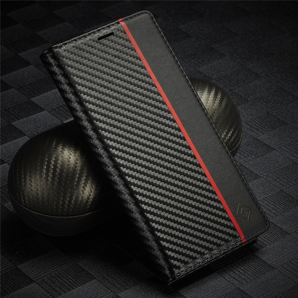 LC.IMEEKE Stand Wallet Design Carbon Fiber Texture Splicing Leather Case Shell for iPhone 13 6.1 inch