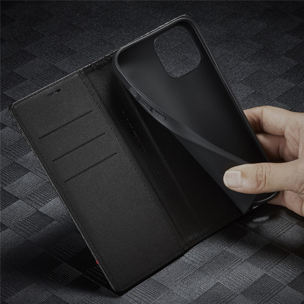 LC.IMEEKE Stand Wallet Design Carbon Fiber Texture Splicing Leather Case Shell for iPhone 13 6.1 inch