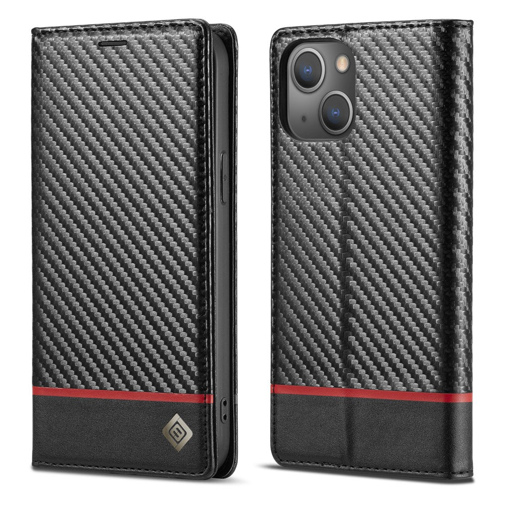 LC.IMEEKE Stand Wallet Design Carbon Fiber Texture Splicing Leather Case Shell for iPhone 13 6.1 inch