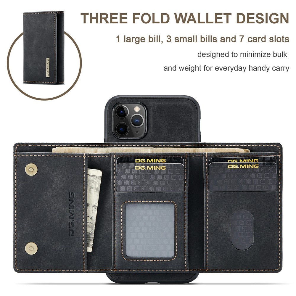 DG.MING M1 Series Phone Case PU + TPU + PC Back Cover with Magnetic Tri-Fold Wallet Kickstand for iPhone 11 Pro Max 6.5 inch