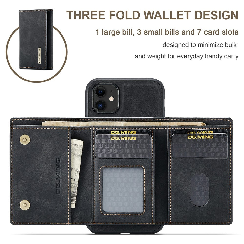 DG.MING M1 Series Phone Case PU + TPU + PC Back Cover with Magnetic Tri-Fold Wallet Kickstand for iPhone 11 6.1 inch