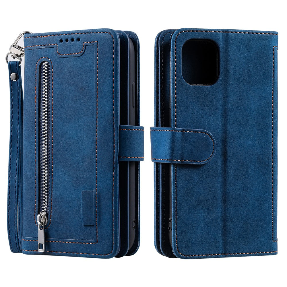 9 Card Slots Design Leather Wallet Stand Phone Case Shell with Wrist Strap for iPhone 13 mini 5.4 inch