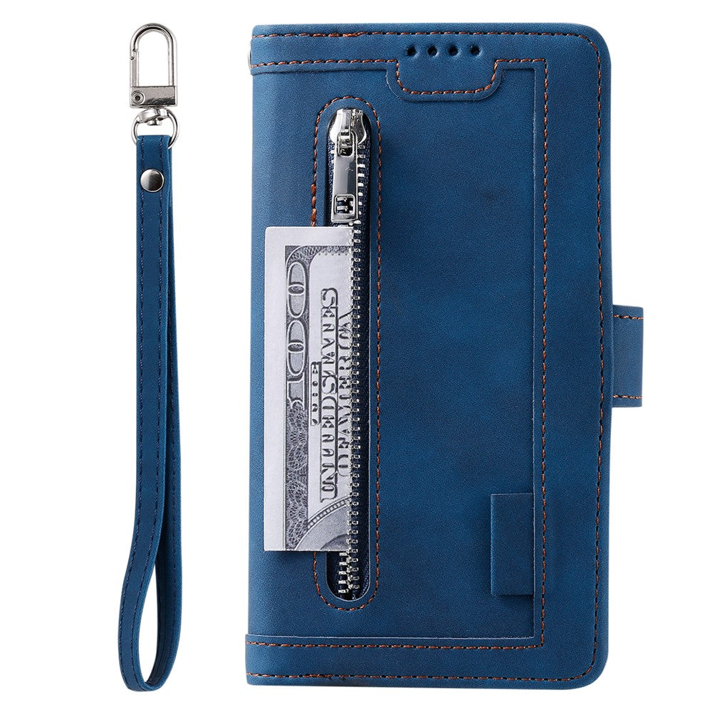 9 Card Slots Design Leather Wallet Stand Phone Case Shell with Wrist Strap for iPhone 13 mini 5.4 inch