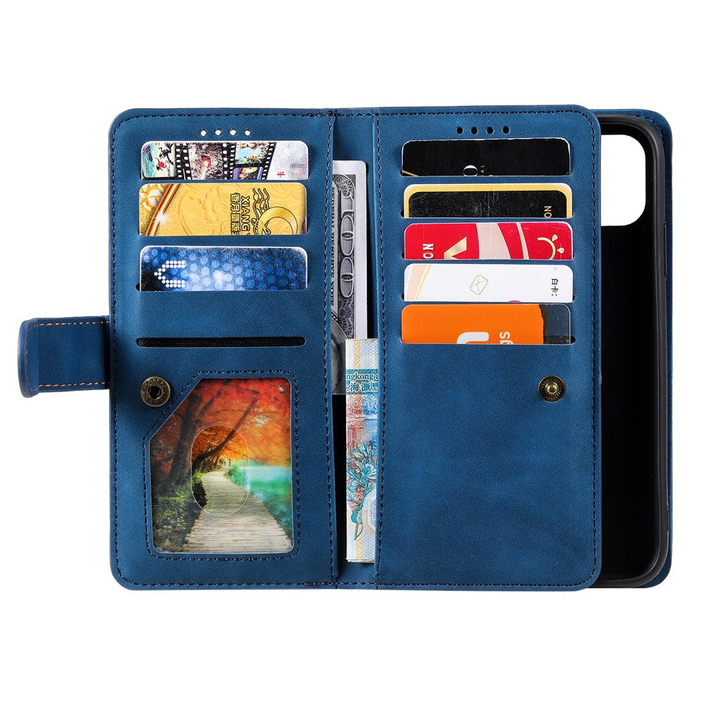 9 Card Slots Design Leather Wallet Stand Phone Case Shell with Wrist Strap for iPhone 13 mini 5.4 inch