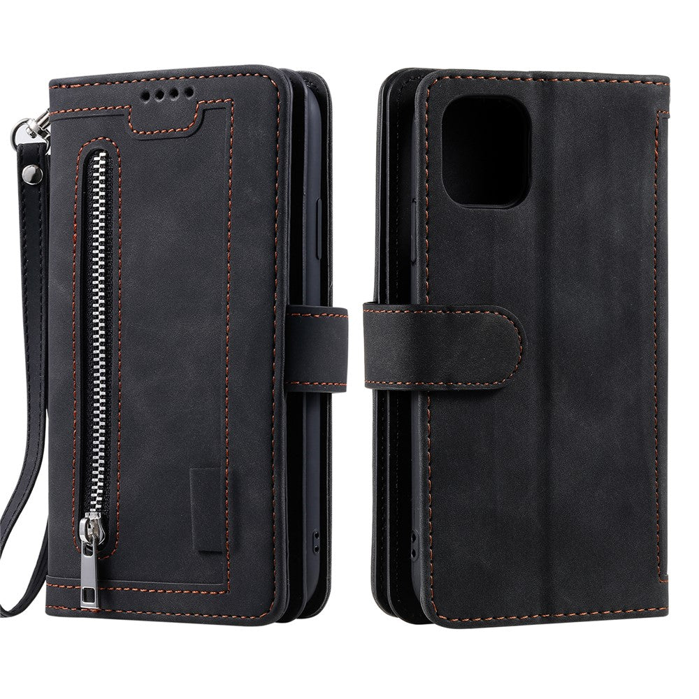 9 Card Slots Design Leather Wallet Stand Phone Case Shell with Wrist Strap for iPhone 13 mini 5.4 inch
