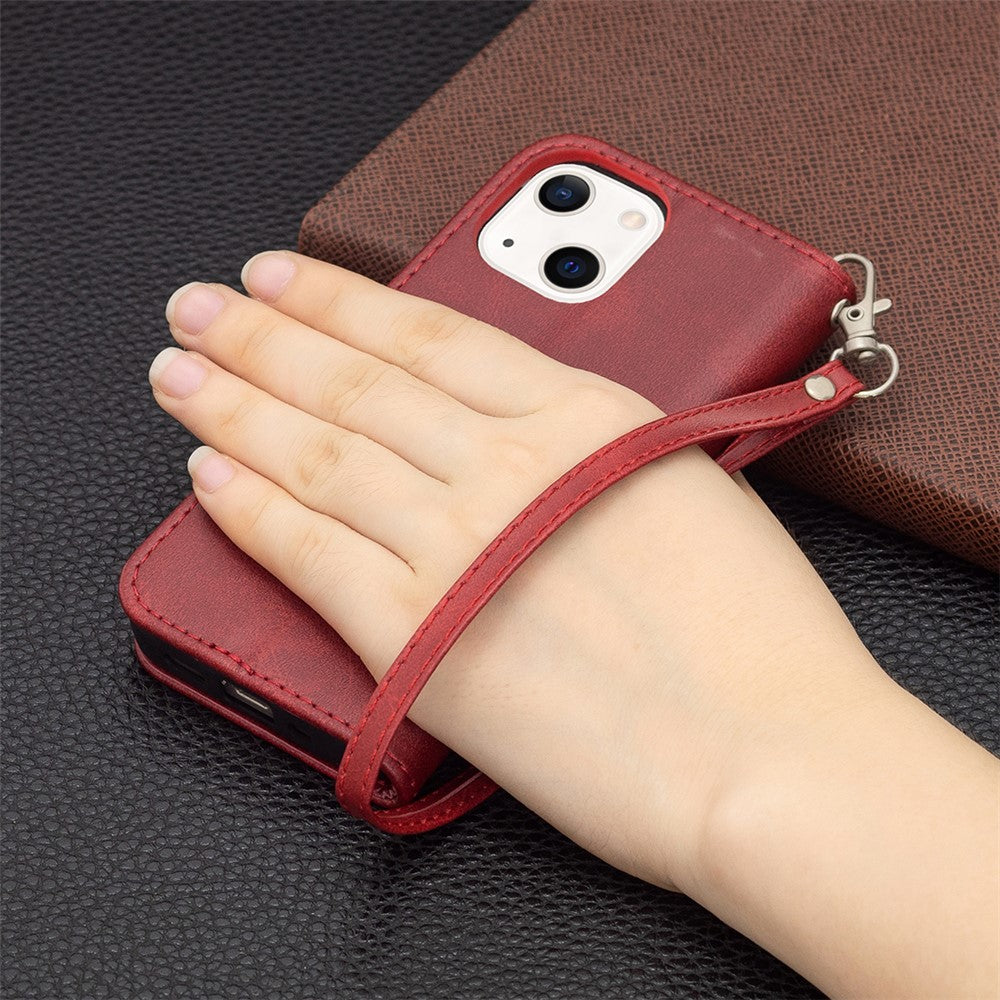 Solid Color Leather Wallet Case Phone Shell with Strap for iPhone 13 mini 5.4 inch