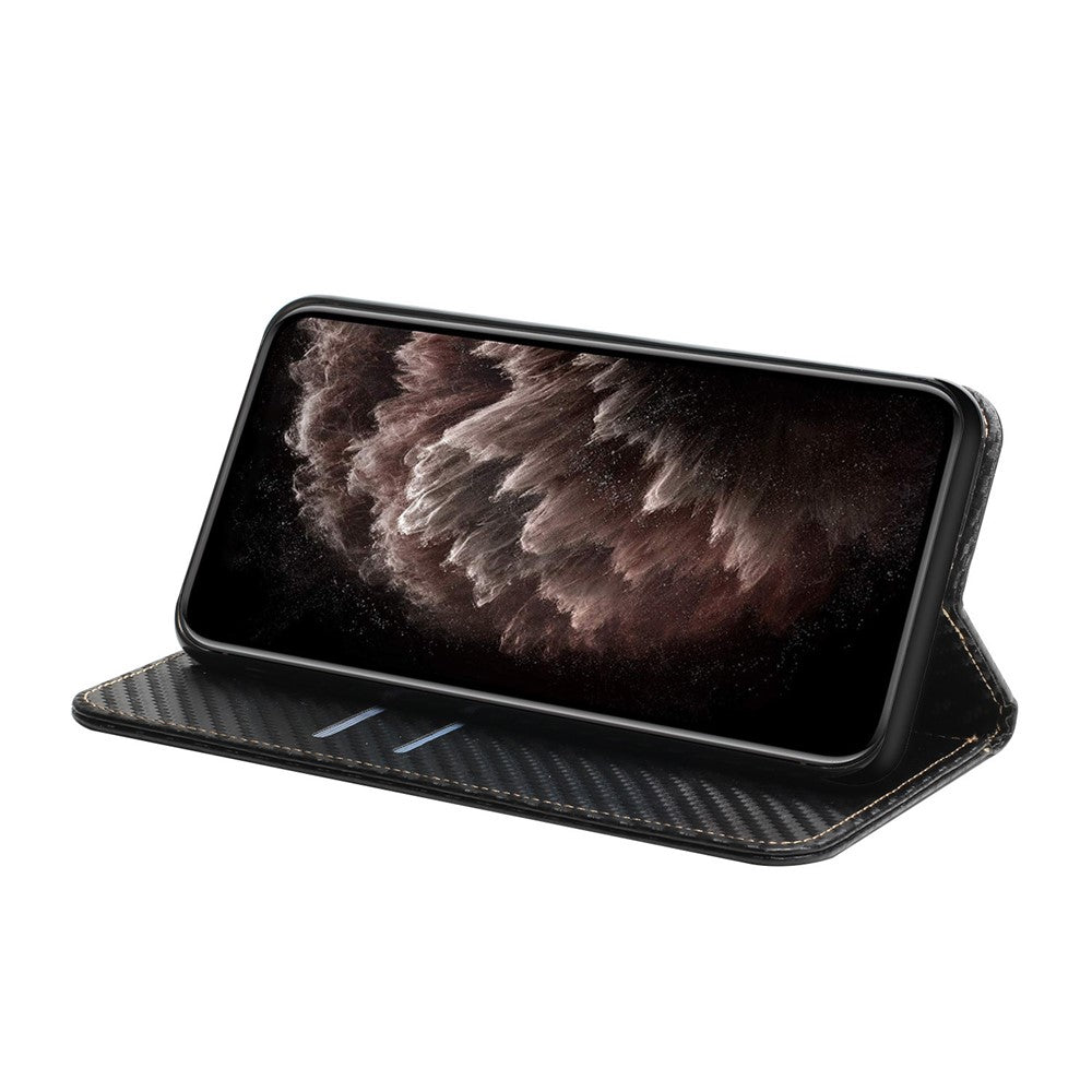 Solid Color Carbon Fiber Texture Auto-absorbed Leather Phone Cover Case with Wallet Stand for iPhone 13 6.1 inch