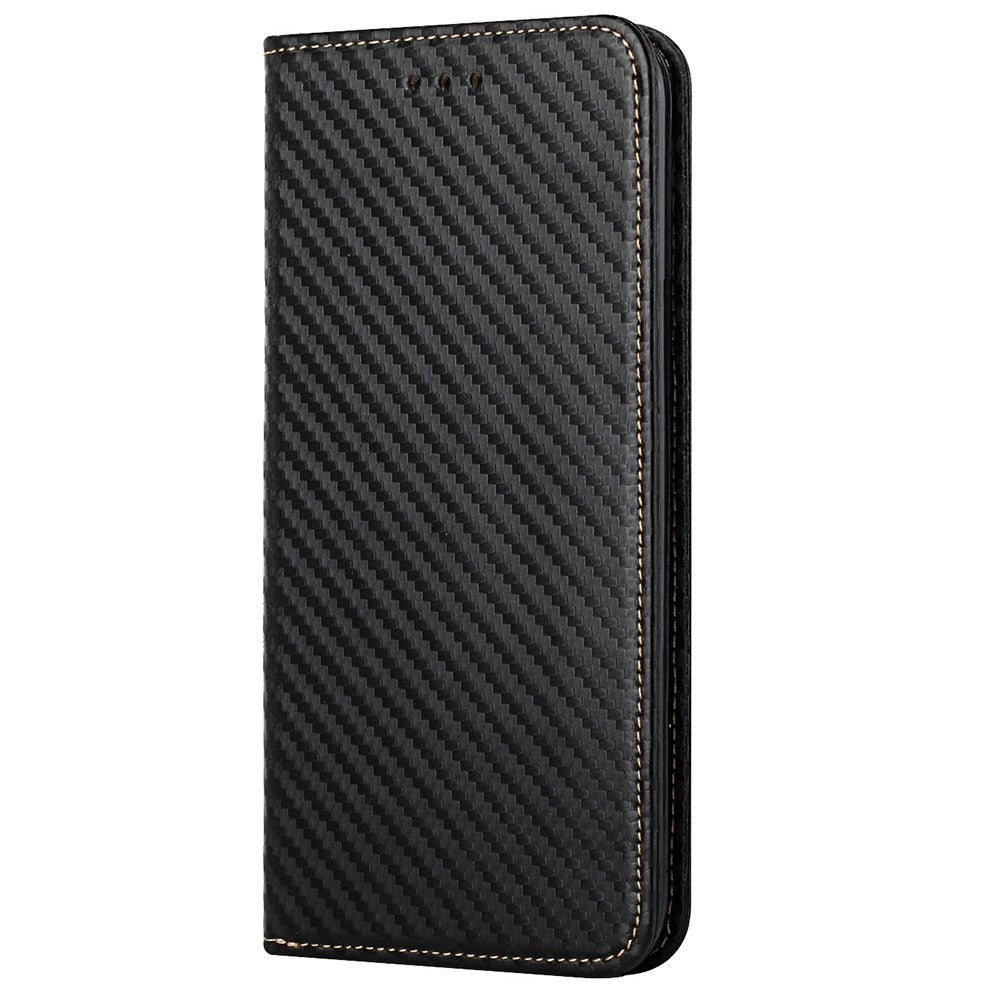 Solid Color Carbon Fiber Texture Auto-absorbed Leather Phone Cover Case with Wallet Stand for iPhone 13 6.1 inch