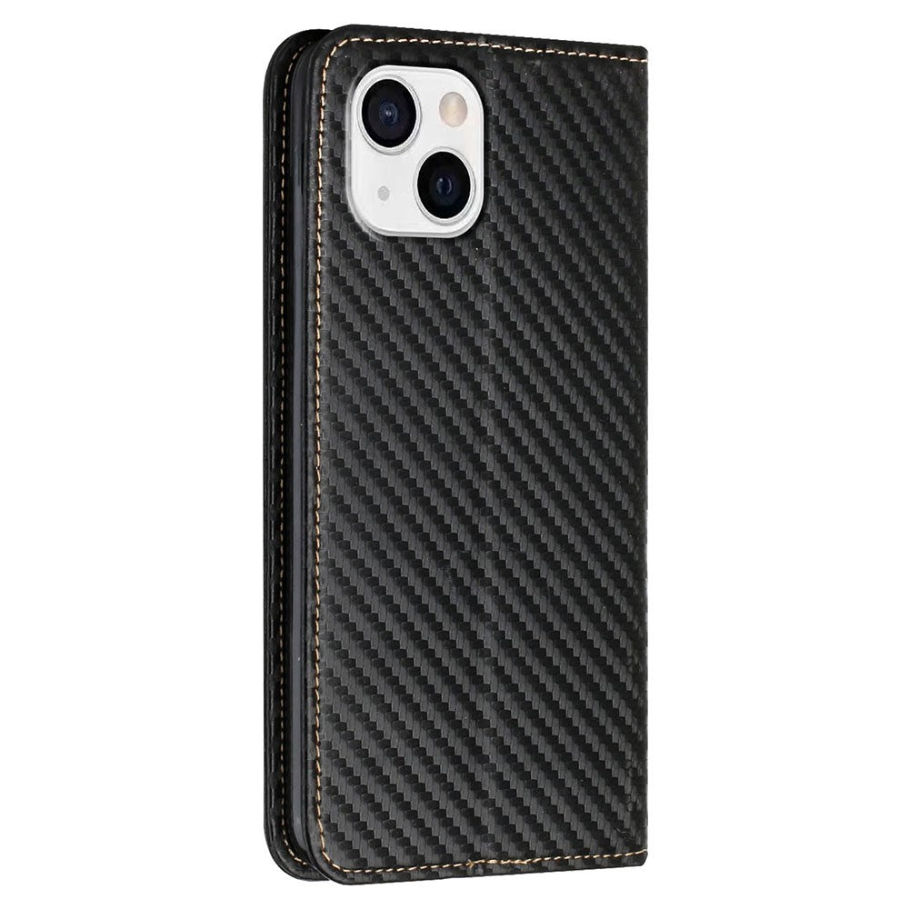 Solid Color Carbon Fiber Texture Auto-absorbed Leather Phone Cover Case with Wallet Stand for iPhone 13 6.1 inch