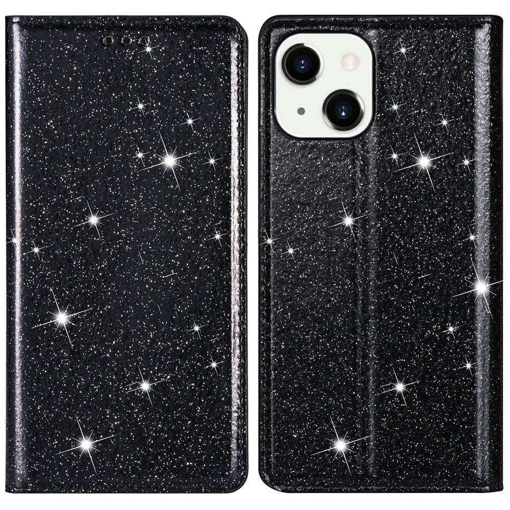 Glittrigt paljetter-skal i ultratunt läder med stativ för iPhone 13 mini 5,4 tum
