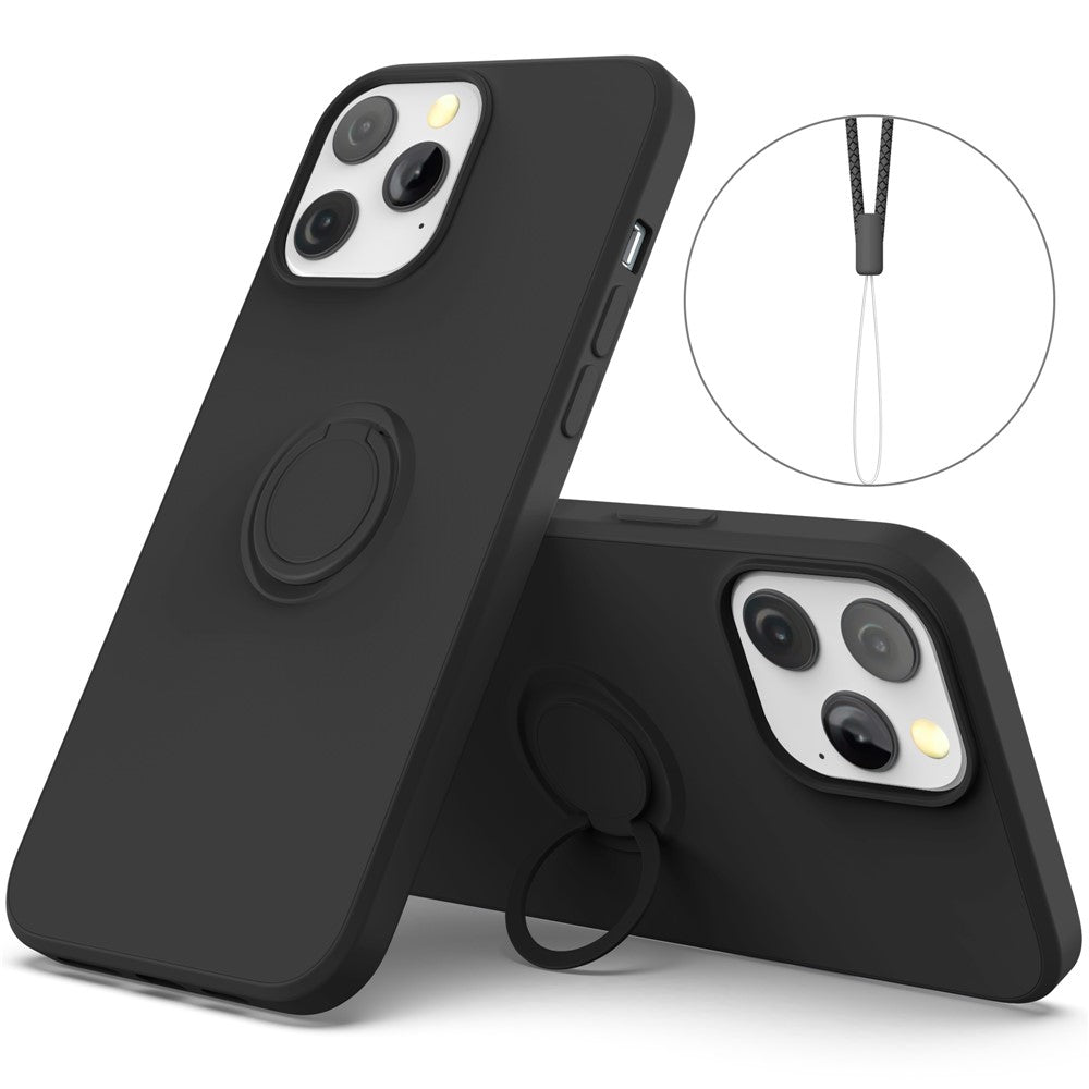 Justerbar Stöd Design Miljövänligt Flytande Silikon Enkel Rengöring Telefon Skyddsfodral Skal med Praktisk Rem för iPhone 13 Pro 6.1 tum