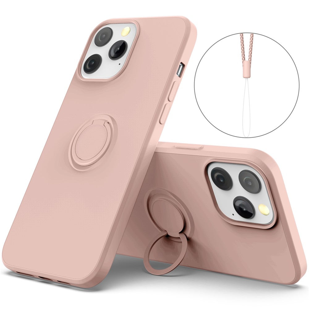 Justerbar Stöd Design Miljövänligt Flytande Silikon Enkel Rengöring Telefon Skyddsfodral Skal med Praktisk Rem för iPhone 13 Pro 6.1 tum