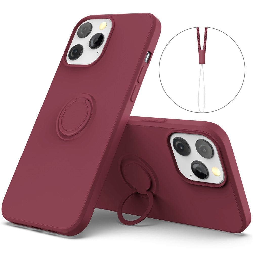 Justerbar Stöd Design Miljövänligt Flytande Silikon Enkel Rengöring Telefon Skyddsfodral Skal med Praktisk Rem för iPhone 13 Pro 6.1 tum