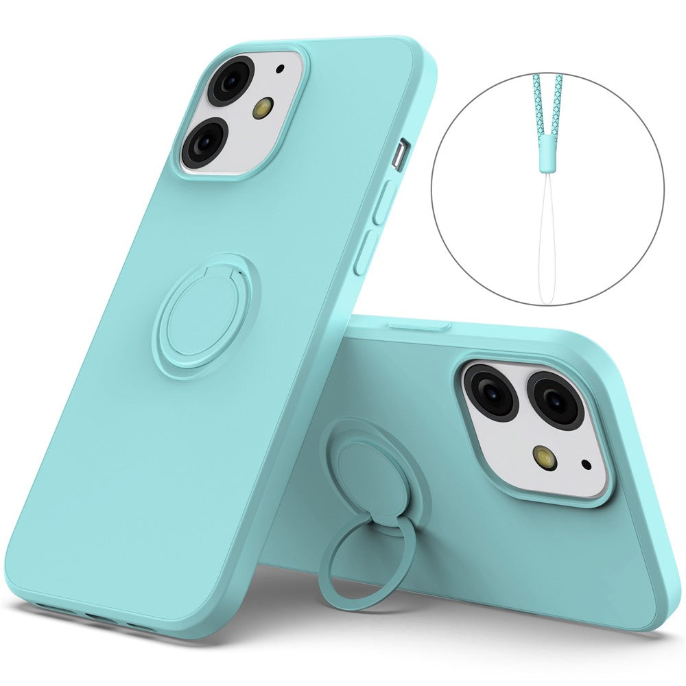 Justerbart ringstativdesign med flytande silikonmobilskyddsskal med praktisk rem för iPhone 13 6,1 tum