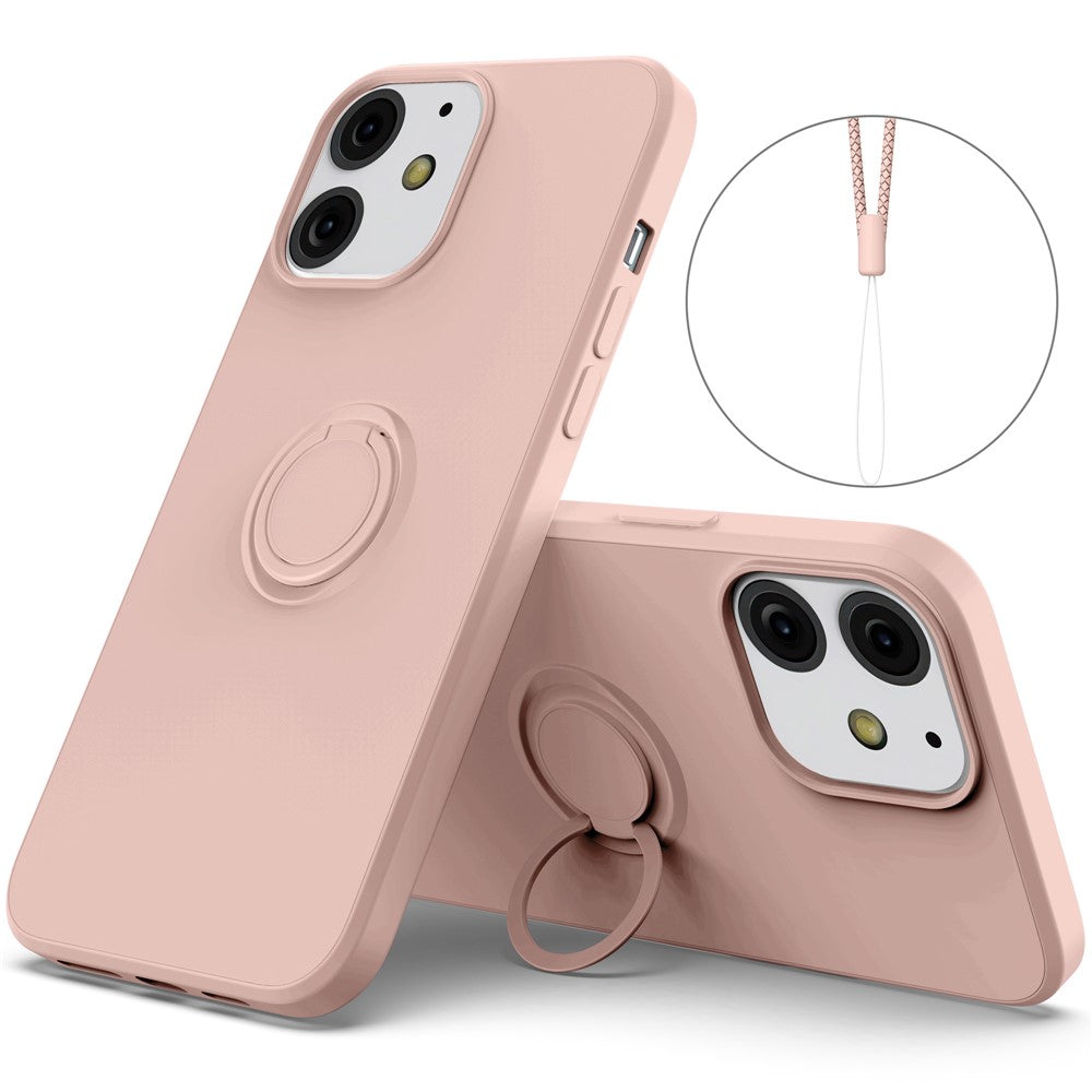 Justerbart ringstativdesign med flytande silikonmobilskyddsskal med praktisk rem för iPhone 13 6,1 tum