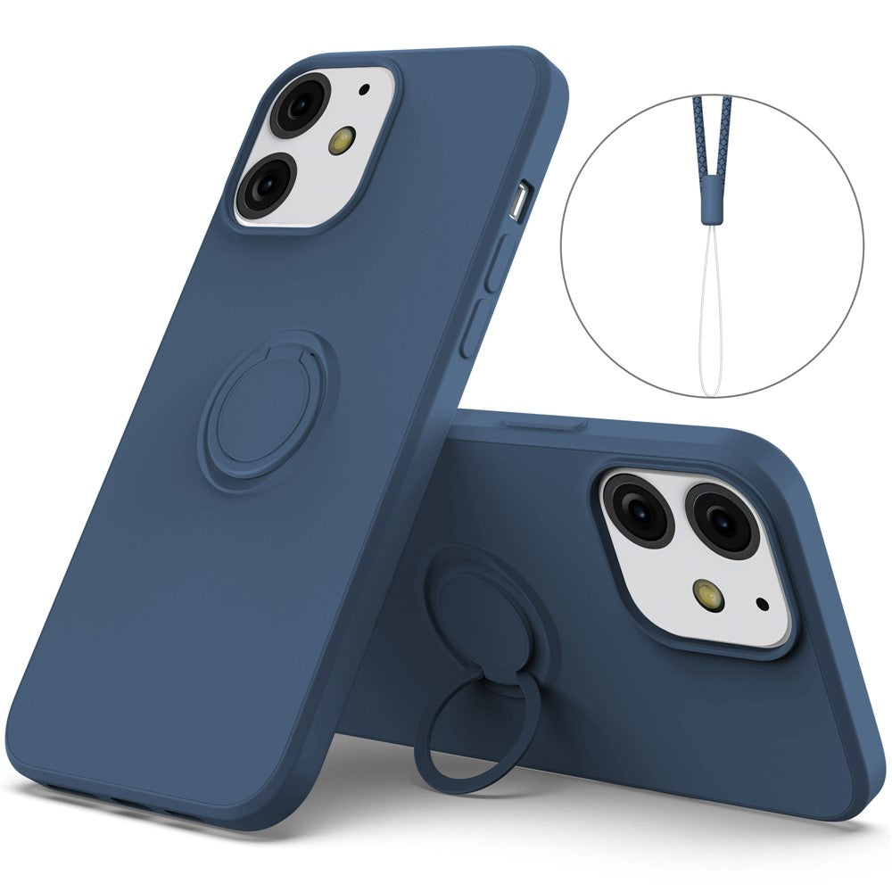 Justerbart ringstativdesign med flytande silikonmobilskyddsskal med praktisk rem för iPhone 13 6,1 tum