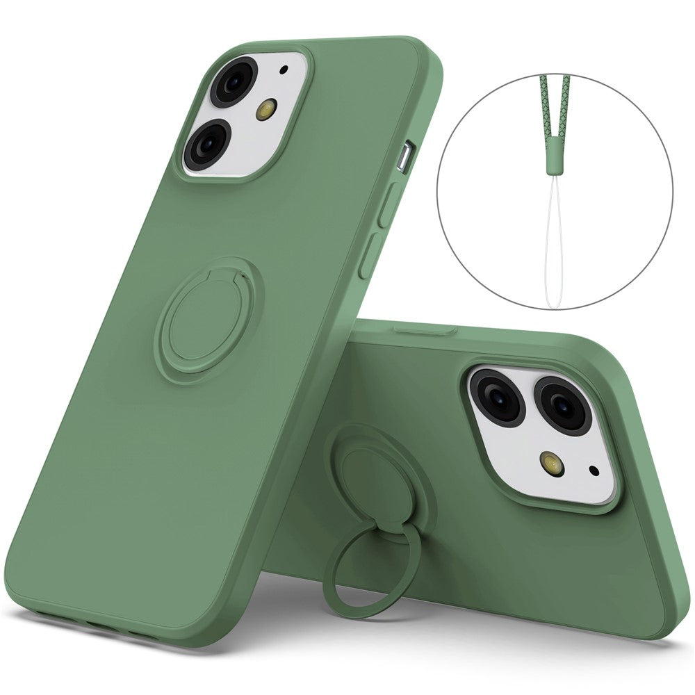 Justerbart ringstativdesign med flytande silikonmobilskyddsskal med praktisk rem för iPhone 13 6,1 tum