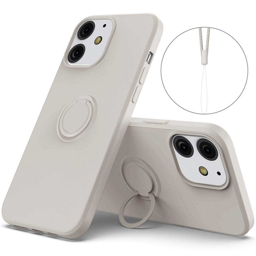 Justerbart ringstativdesign med flytande silikonmobilskyddsskal med praktisk rem för iPhone 13 6,1 tum
