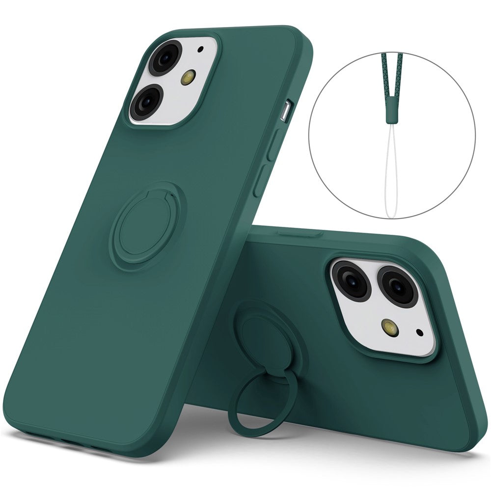 Justerbart ringstativdesign med flytande silikonmobilskyddsskal med praktisk rem för iPhone 13 6,1 tum