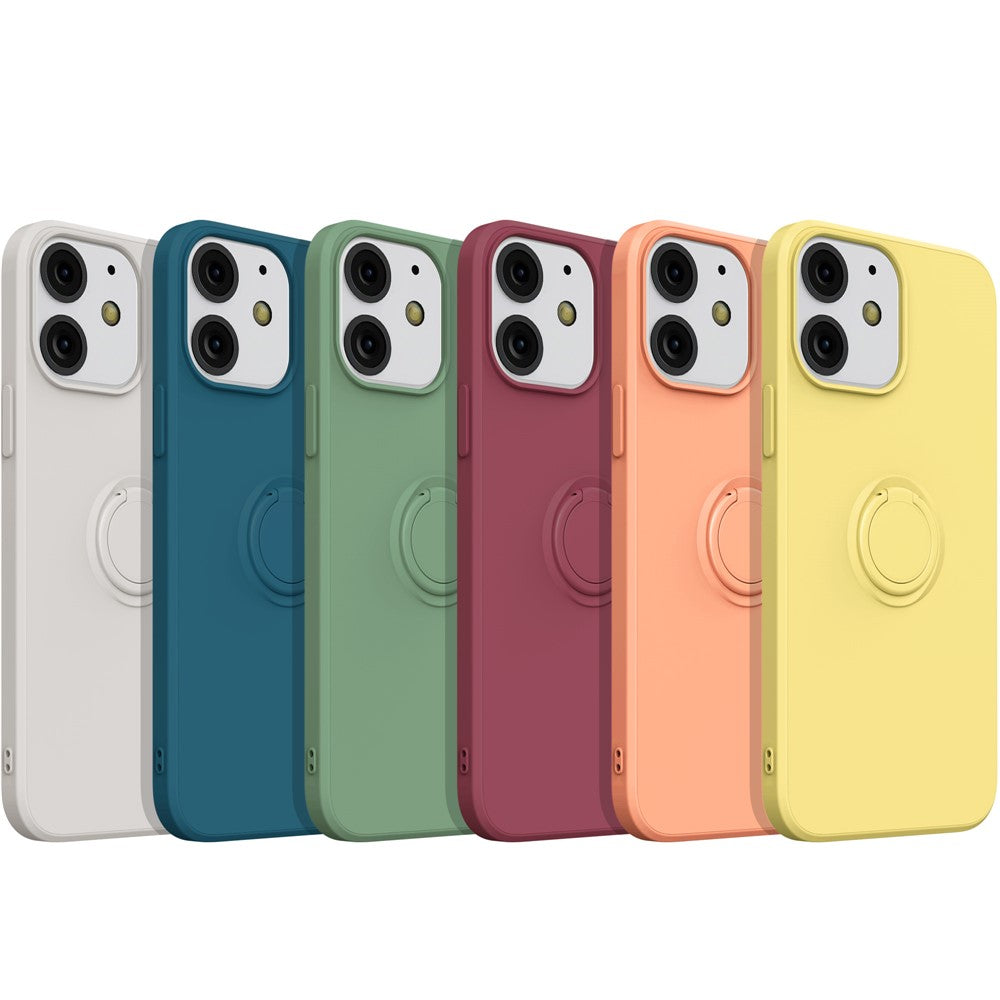 360° Rotary Ring Kickstand Design Drop-Resistant Eco-Friendly Liquid Silicone Phone Protective Case Shell with Handy Strap for iPhone 13 mini 5.4 inch