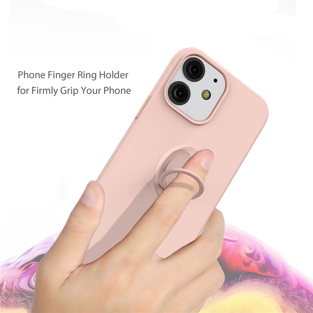 360° Rotary Ring Kickstand Design Drop-Resistant Eco-Friendly Liquid Silicone Phone Protective Case Shell with Handy Strap for iPhone 13 mini 5.4 inch