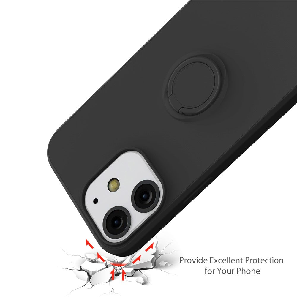 360° Rotary Ring Kickstand Design Drop-Resistant Eco-Friendly Liquid Silicone Phone Protective Case Shell with Handy Strap for iPhone 13 mini 5.4 inch