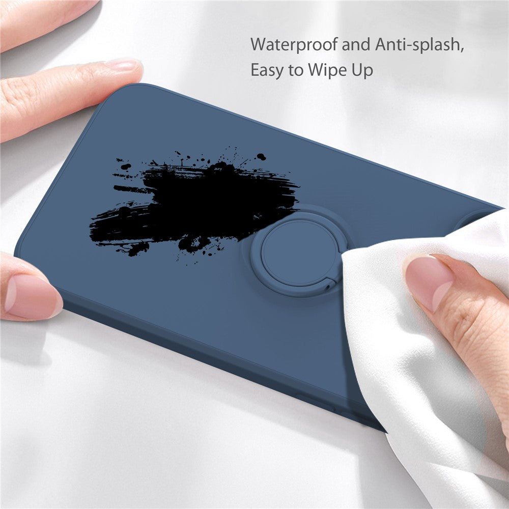360° Rotary Ring Kickstand Design Drop-Resistant Eco-Friendly Liquid Silicone Phone Protective Case Shell with Handy Strap for iPhone 13 mini 5.4 inch