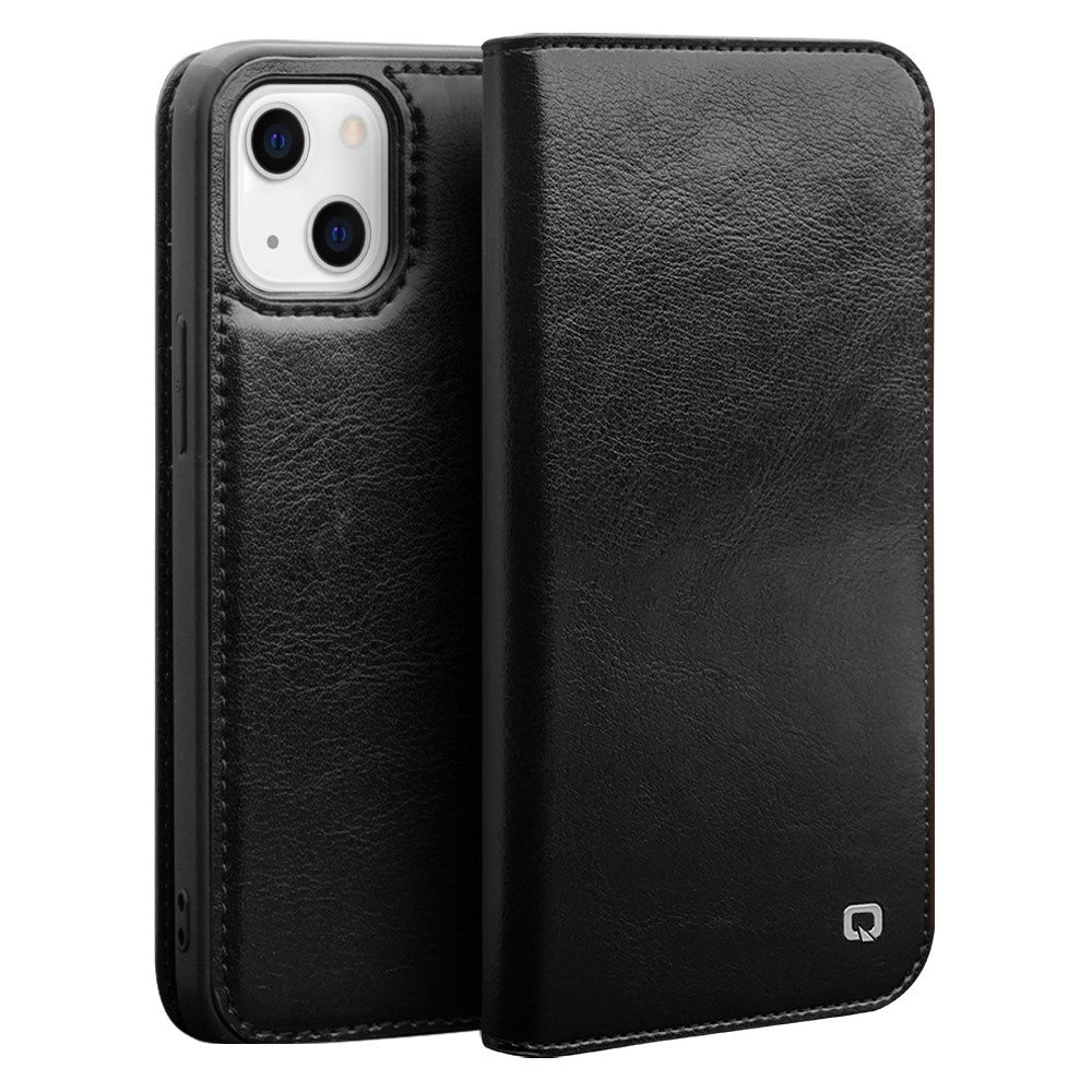 QIALINO For iPhone 13 mini 5.4 inch Top Layer Cowhide Leather All-round Protection Phone Case Stand Shell with Wallet