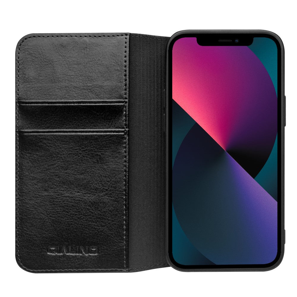QIALINO For iPhone 13 mini 5.4 inch Top Layer Cowhide Leather All-round Protection Phone Case Stand Shell with Wallet