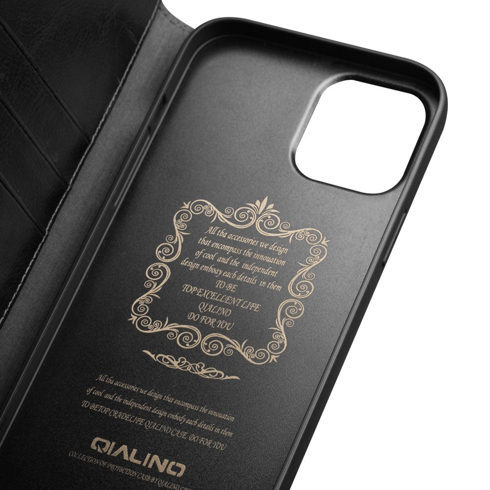 QIALINO For iPhone 13 mini 5.4 inch Top Layer Cowhide Leather All-round Protection Phone Case Stand Shell with Wallet