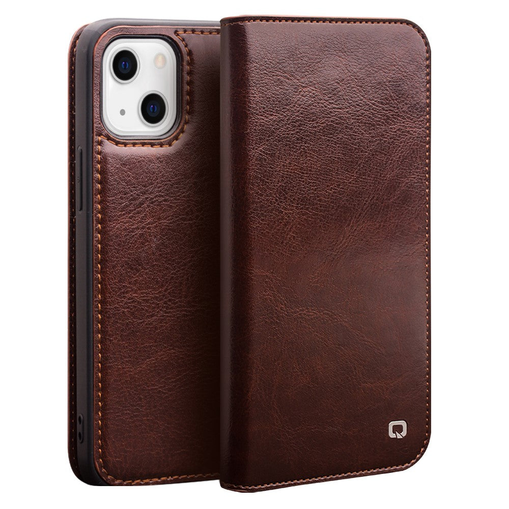 QIALINO For iPhone 13 mini 5.4 inch Top Layer Cowhide Leather All-round Protection Phone Case Stand Shell with Wallet