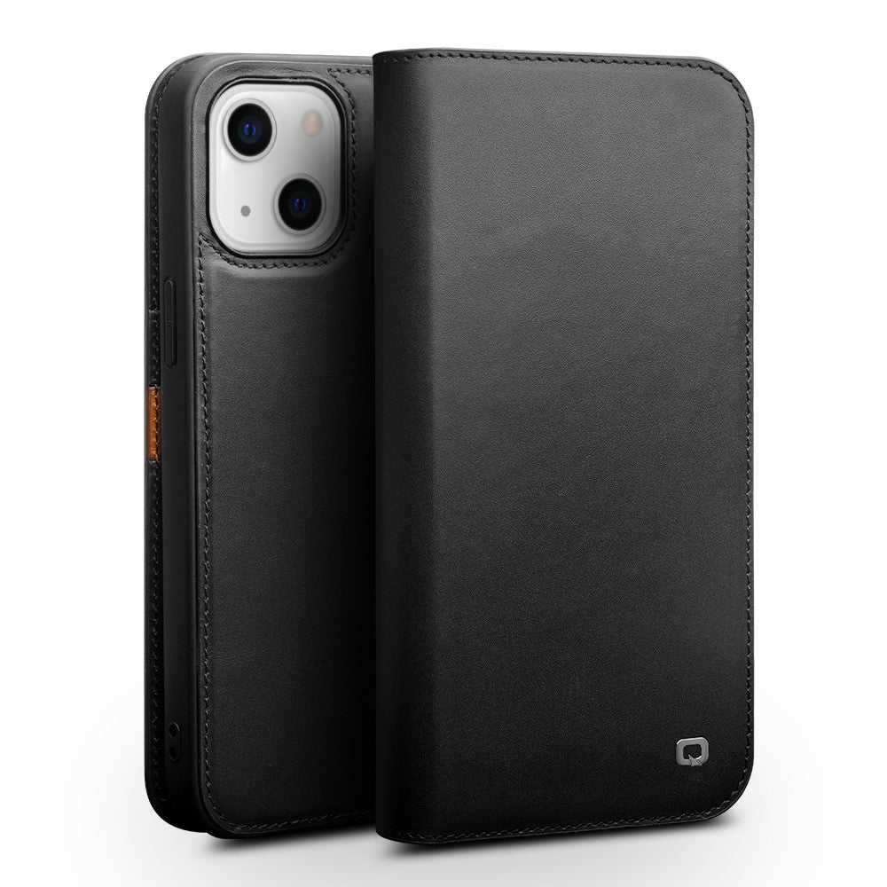QIALINO Pung Taske Stativ Ægte Koskind Flip Telefon Cover til iPhone 13 mini 5,4 tommer