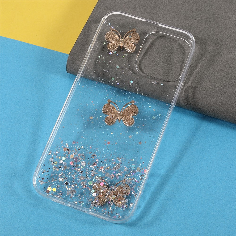 3D Butterfly Pattern Glittering Epoxy TPU Cell Phone Cover Shell for iPhone 13 Pro 6.1 inch