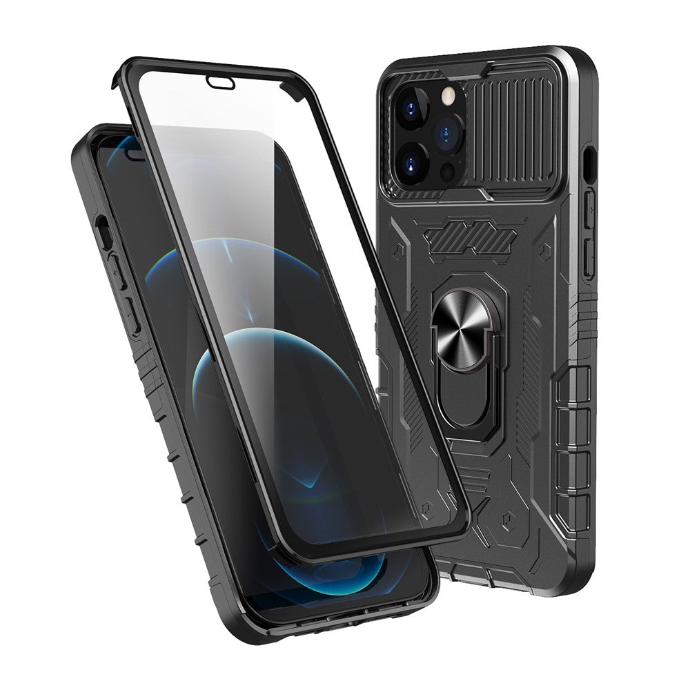 Heltäckande skyddande hybridmobilskal i hårt PC + TPU med härdat glas, stativ för iPhone 13 Pro Max 6,7 tum