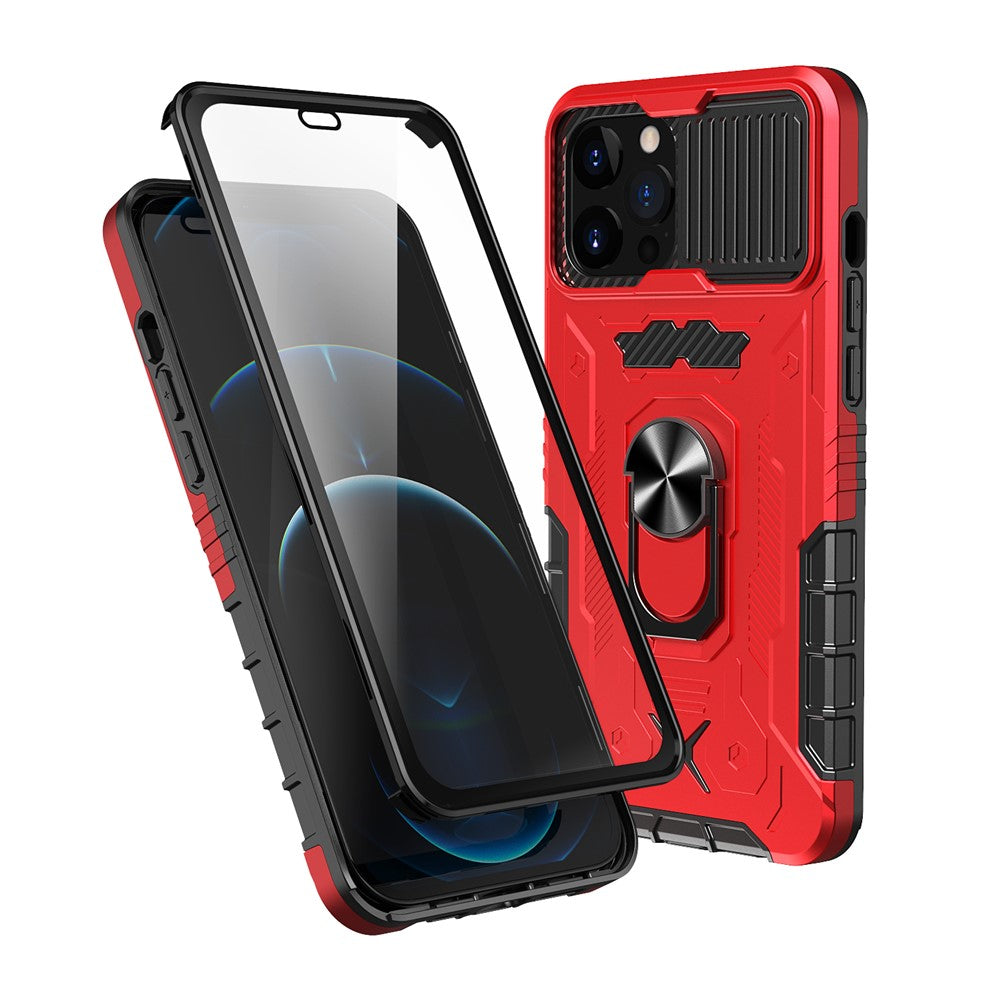 Heltäckande skyddande hybridmobilskal i hårt PC + TPU med härdat glas, stativ för iPhone 13 Pro Max 6,7 tum
