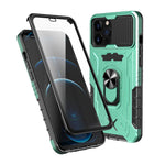 Heltäckande skyddande hybridmobilskal i hårt PC + TPU med härdat glas, stativ för iPhone 13 Pro Max 6,7 tum