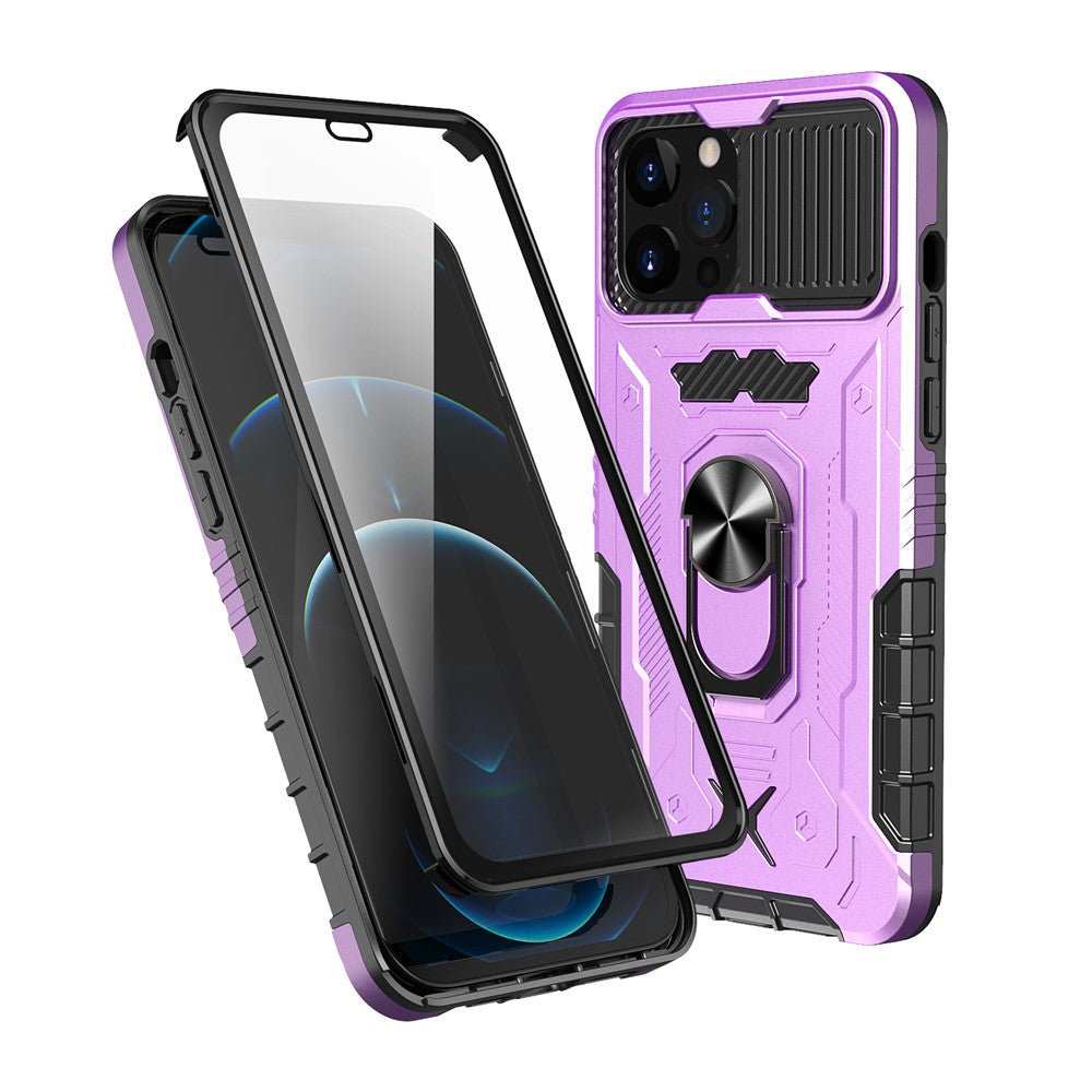 Heltäckande skyddande hybridmobilskal i hårt PC + TPU med härdat glas, stativ för iPhone 13 Pro Max 6,7 tum