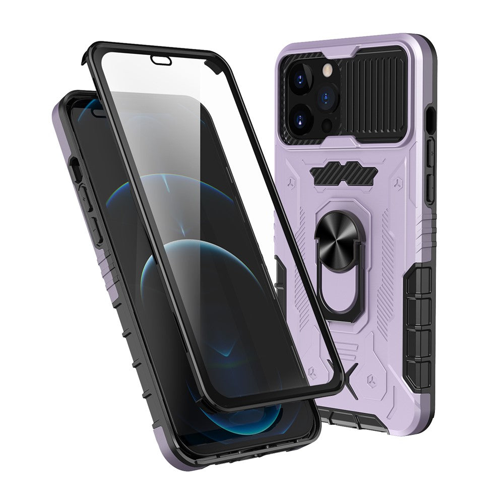 Heltäckande skyddande hybridmobilskal i hårt PC + TPU med härdat glas, stativ för iPhone 13 Pro Max 6,7 tum