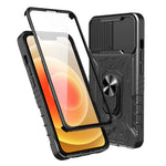 Fuldt beskyttende hårdt PC + TPU-hybridmobilcover + hærdet glasfilm med stativ til iPhone 13 6,1 tommer