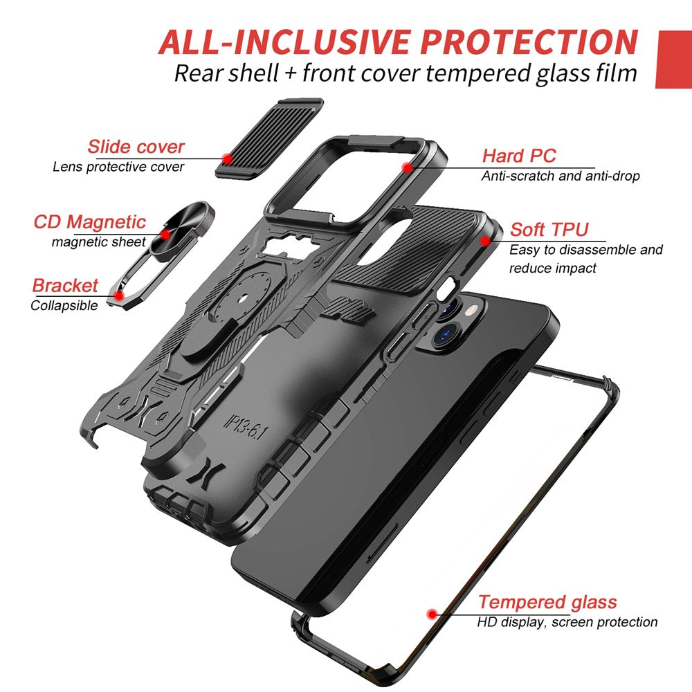 Fuldt beskyttende hårdt PC + TPU-hybridmobilcover + hærdet glasfilm med stativ til iPhone 13 6,1 tommer
